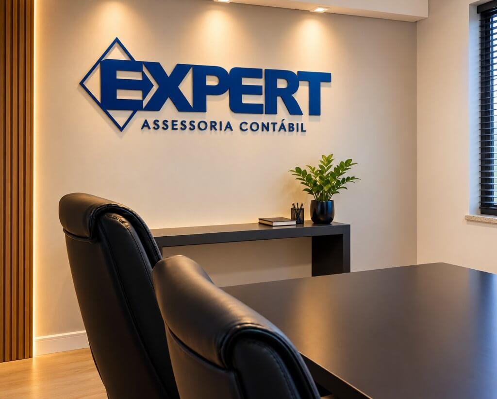 Sala de reunião da Expert Assessoria Contábil, com o logo na parede